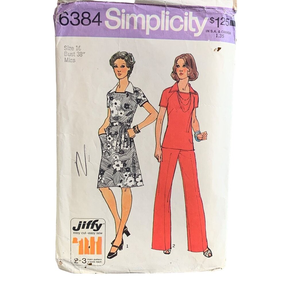 Vintage Simplicity 6384 Jiffy Dress Shirt Pant Sewing Pattern Size 16